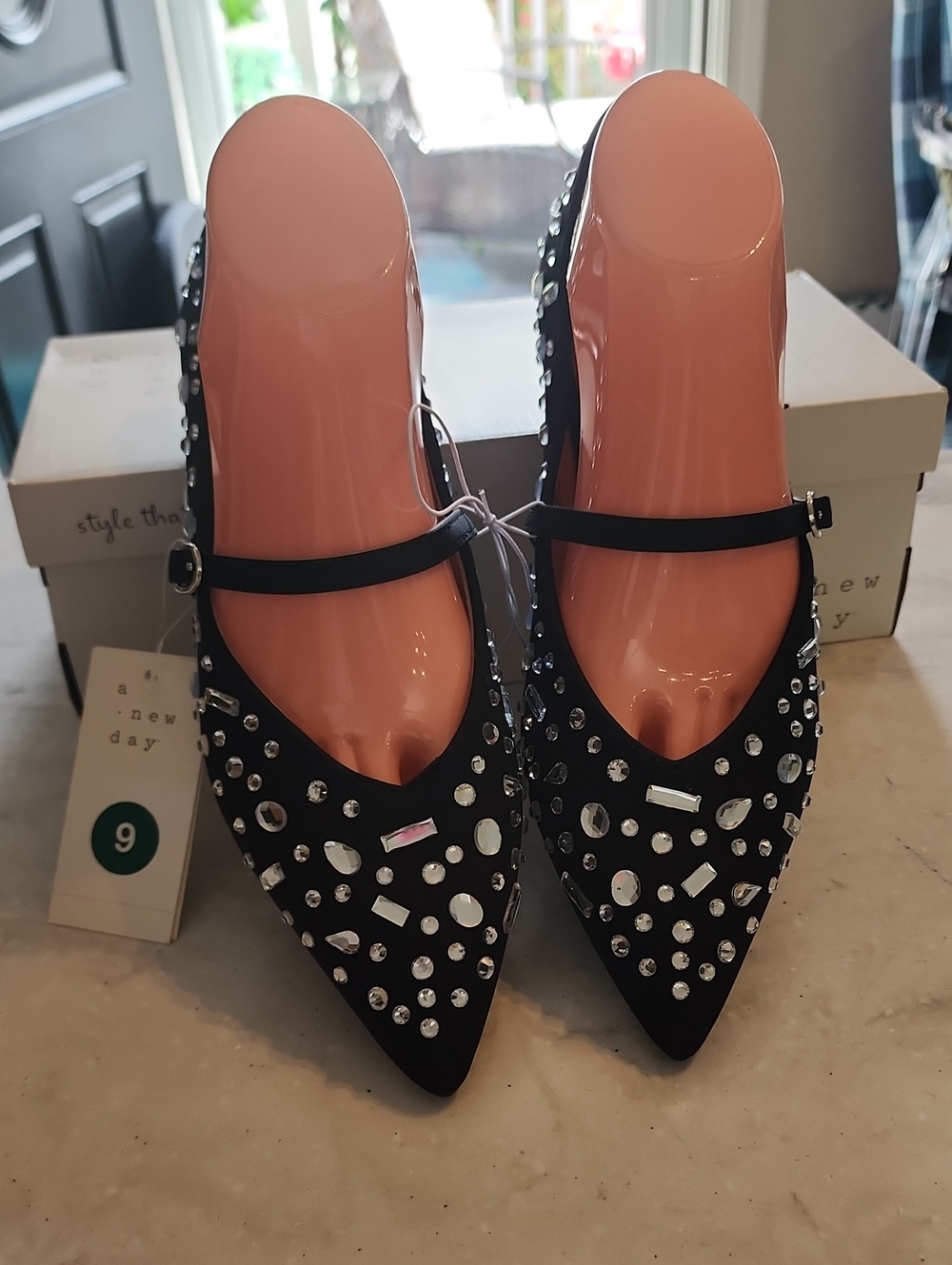 a new day Black Jeweled Pointed Mary Jane Flats with Strap